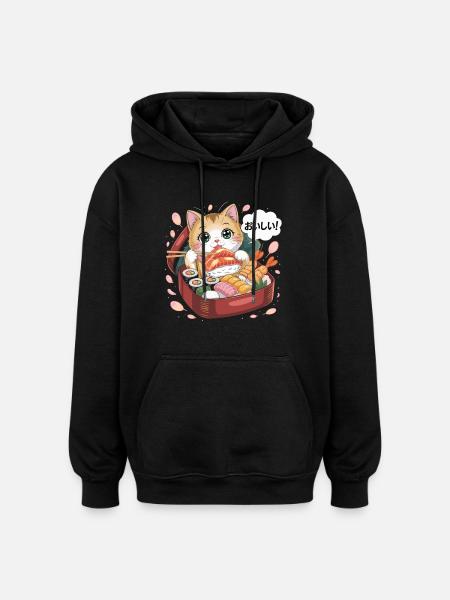 Kawaii Katze mit Sushi - Oversized Unisex Hoodie - Schwarz