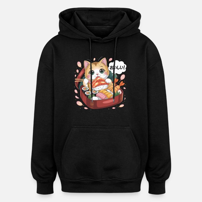 Chat Kawaii avec Sushi - Sweat à capuche oversize unisexe - noir