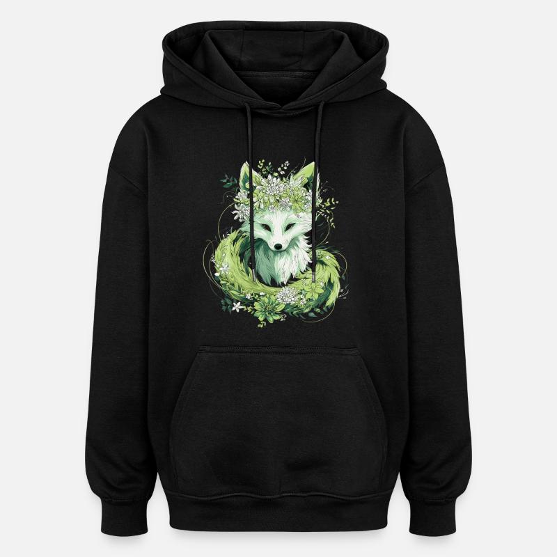 Kitsune renard boho fleurs naturelles - Sweat à capuche oversize unisexe - noir