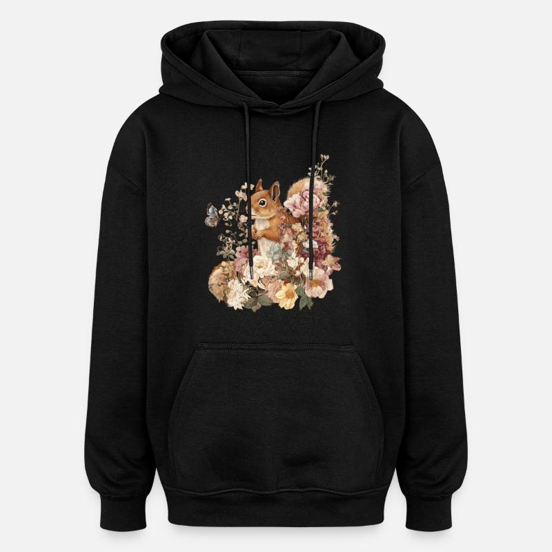 Eichhörnchen, Tier, Blumen, Schmetterlinge - Oversized Unisex Hoodie - Schwarz