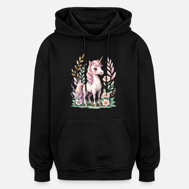 Pastell Einhorn mit Blütenrahmen - Oversized Unisex Hoodie - Schwarz