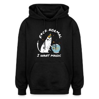 Fuck Normal I Want Magic – Cute Wizard Cat - Oversized Unisex Hoodie - black - Front - Noah (186cm)