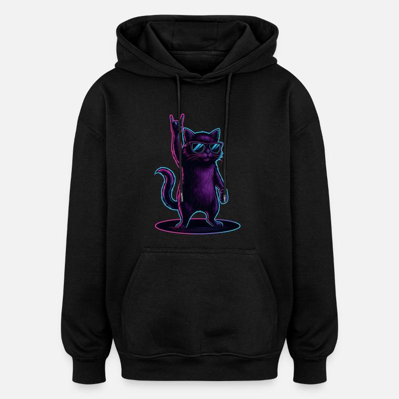 Synthwave Cat Cat with Rockhand Pose - Oversized Unisex Hoodie - black