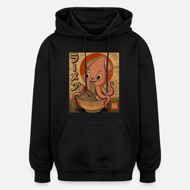 Dessin animé Ramen Pieuvre en sépia - Sweat à capuche oversize unisexe - noir