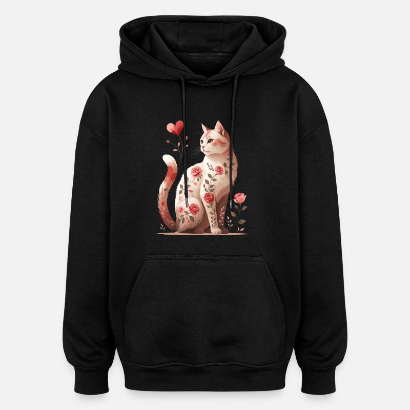 Rosy Cat Dream : Floral Cat - Sweat à capuche oversize unisexe - noir