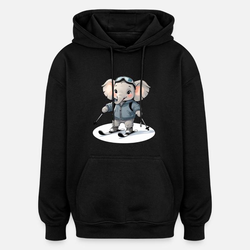 Skiing Elephant Pullover Hoodie - Oversized Unisex Hoodie - black