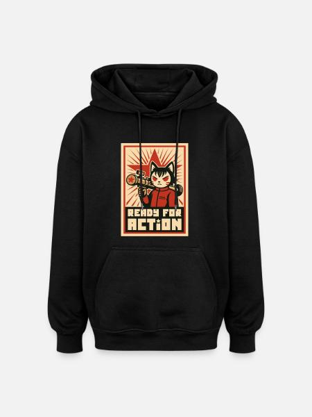 Retro Cat Commando : Prêt pour l'action - Sweat à capuche oversize unisexe - noir