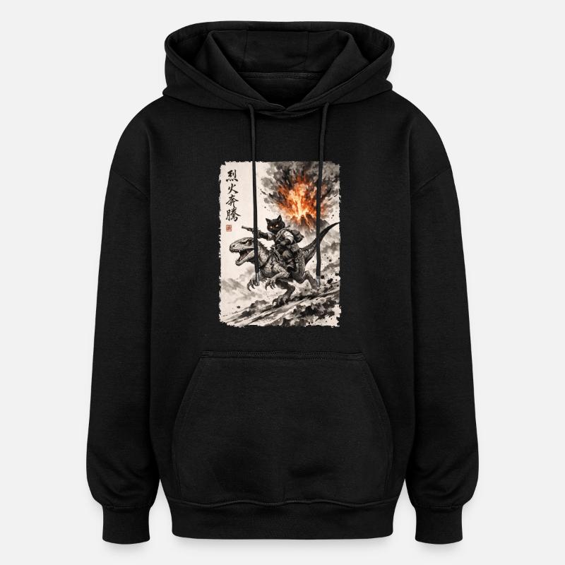 Katze, Dinosaurier, Vulkan, Vulkanausbruch, Anime - Oversized Unisex Hoodie - Schwarz