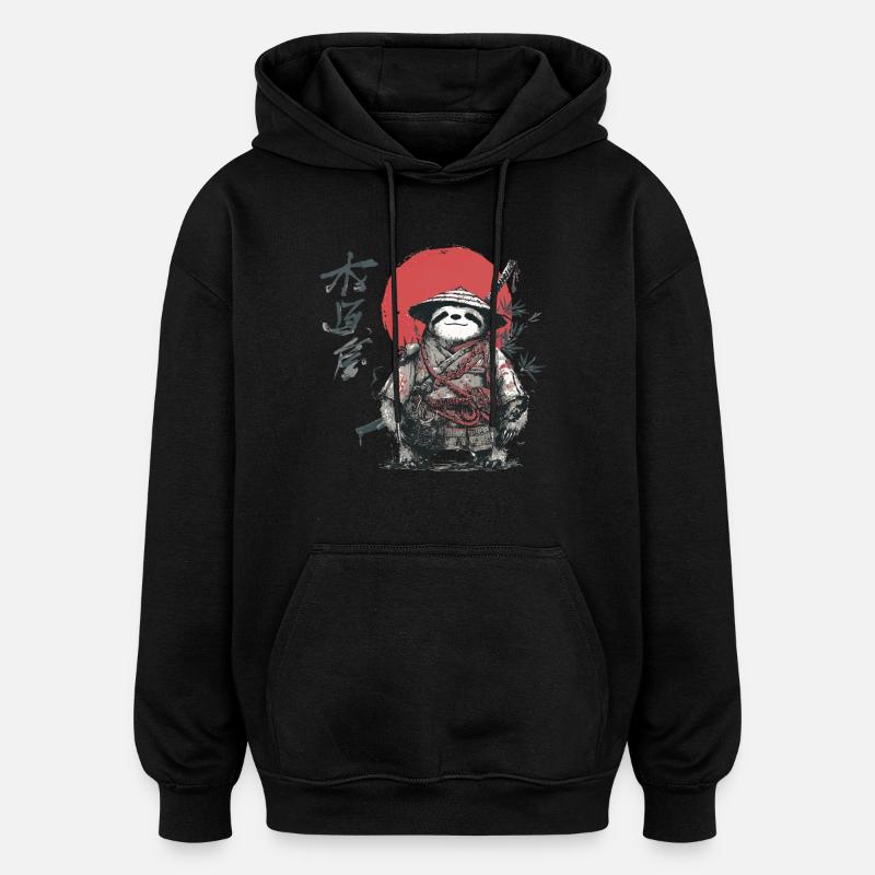 Faultier-Samurai unter roter Sonne - Oversized Unisex Hoodie - Schwarz