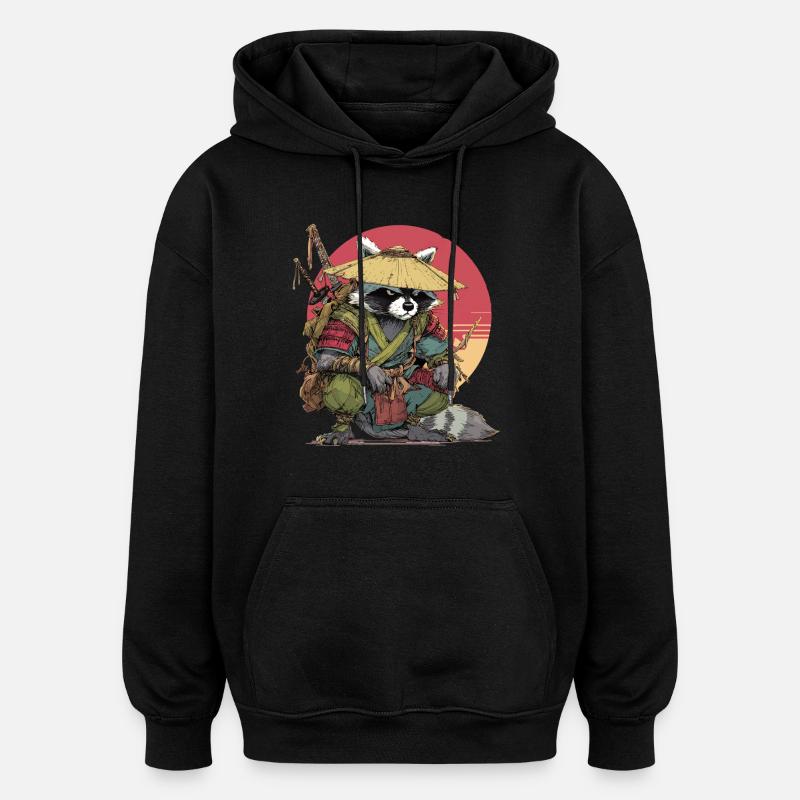 Waschbär-Samurai mit Strohhut - Oversized Unisex Hoodie - Schwarz