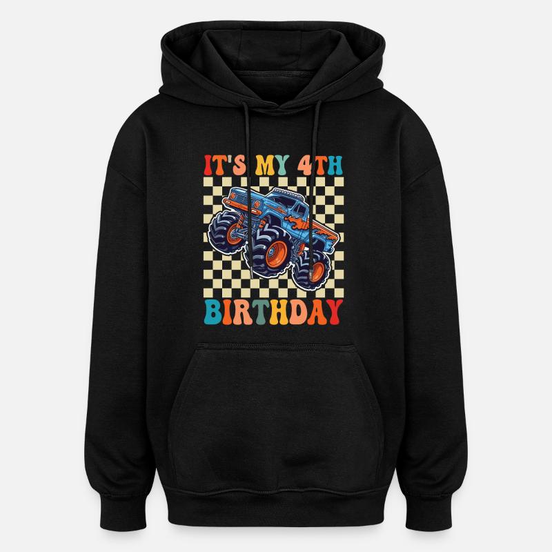 Monster Truck pour 4e anniversaire - Sweat à capuche oversize unisexe - noir