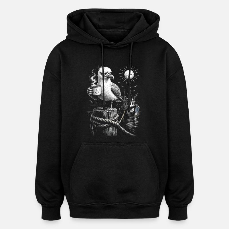 MOIN – Grummeliges Möwe mit Kaffee - Oversized Unisex Hoodie - Schwarz