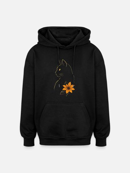Chat Dessiné Fleur - Sweat à capuche oversize unisexe - noir