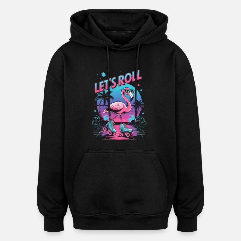 Flamingo auf Rollschuhen - Retro 80er - Oversized Unisex Hoodie - Schwarz