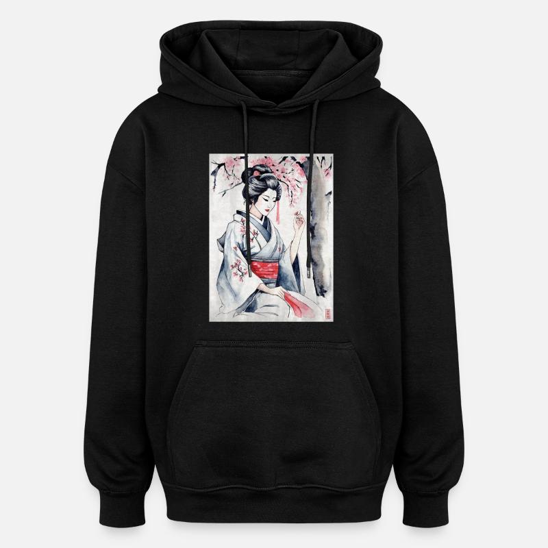 Geisha aquarelle - Sweat à capuche oversize unisexe - noir