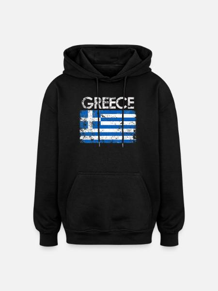 Distressed Greece Flag Graphic - Oversized Unisex Hoodie - black