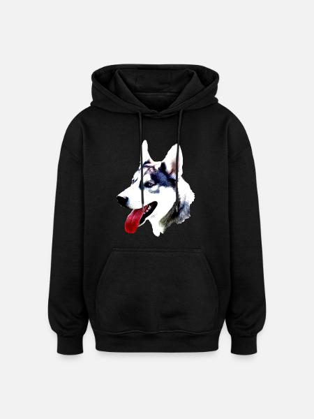 Husky head with red tongue - Oversized Unisex Hoodie - black