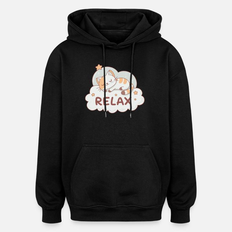 Chaton rêveur sur nuage pastel - Sweat à capuche oversize unisexe - noir