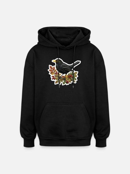 Native blackbird on rosehip branch - Oversized Unisex Hoodie - black