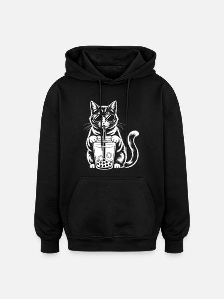 Chat avec bubble tea - Sweat à capuche oversize unisexe - noir