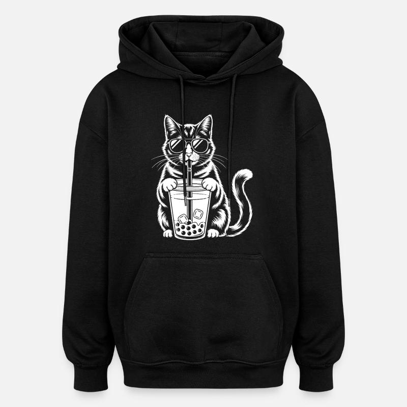 Katze mit Bubble Tee - Oversized Unisex Hoodie - Schwarz