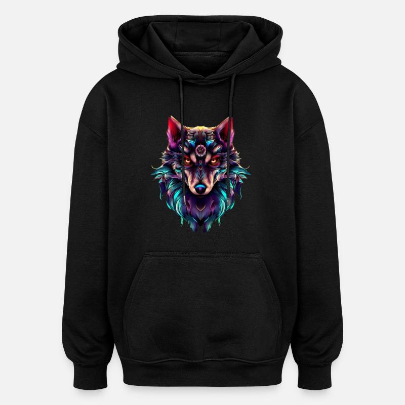 Wolf’s Head Synthwave Wolf - Sweat à capuche oversize unisexe - noir