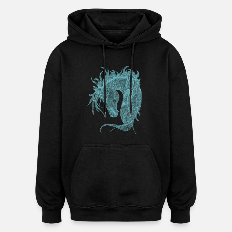 Pferde Kopf Zentangle Türkis - Oversized Unisex Hoodie - Schwarz