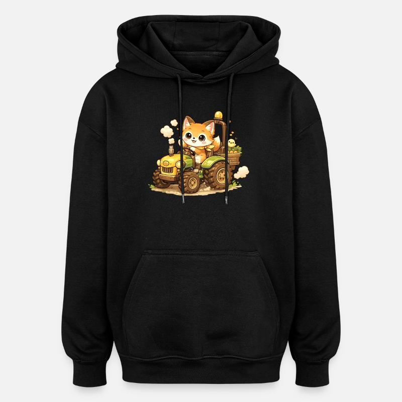 Renard sur le tracteur - Sweat à capuche oversize unisexe - noir