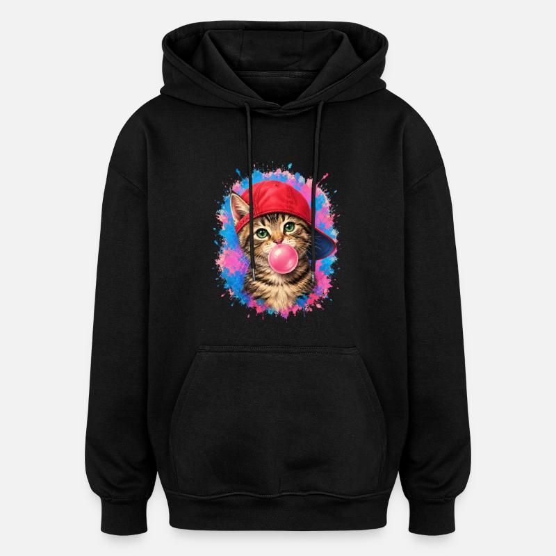 Coole Katze mit Cap und Kaugummi - Oversized Unisex Hoodie - Schwarz