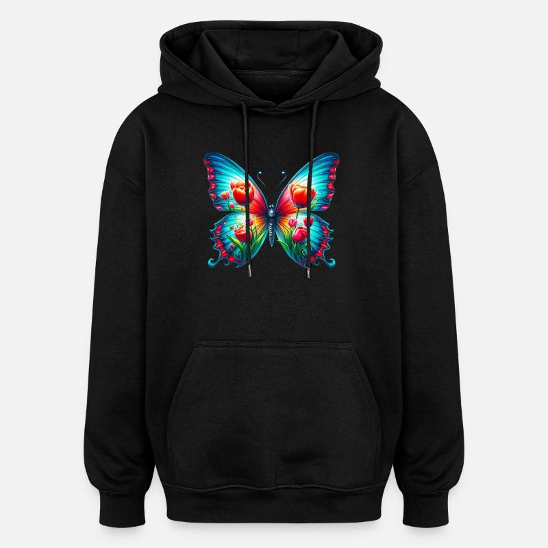 Fleurs papillon tulipes tulipe - Sweat à capuche oversize unisexe - noir