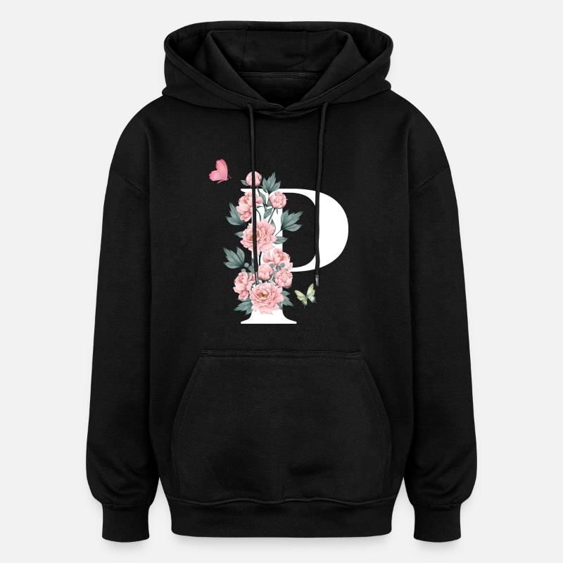 Lettre p fleurs rose - Sweat à capuche oversize unisexe - noir