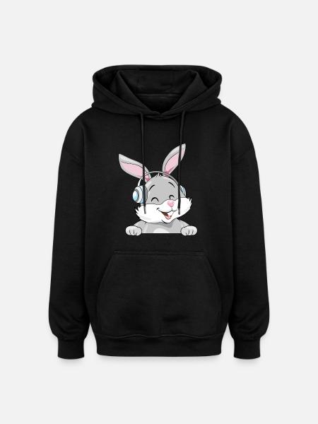 Lapin rieur dans les écouteurs - Sweat à capuche oversize unisexe - noir