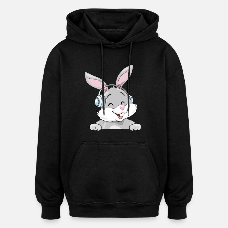 Lapin rieur dans les écouteurs - Sweat à capuche oversize unisexe - noir