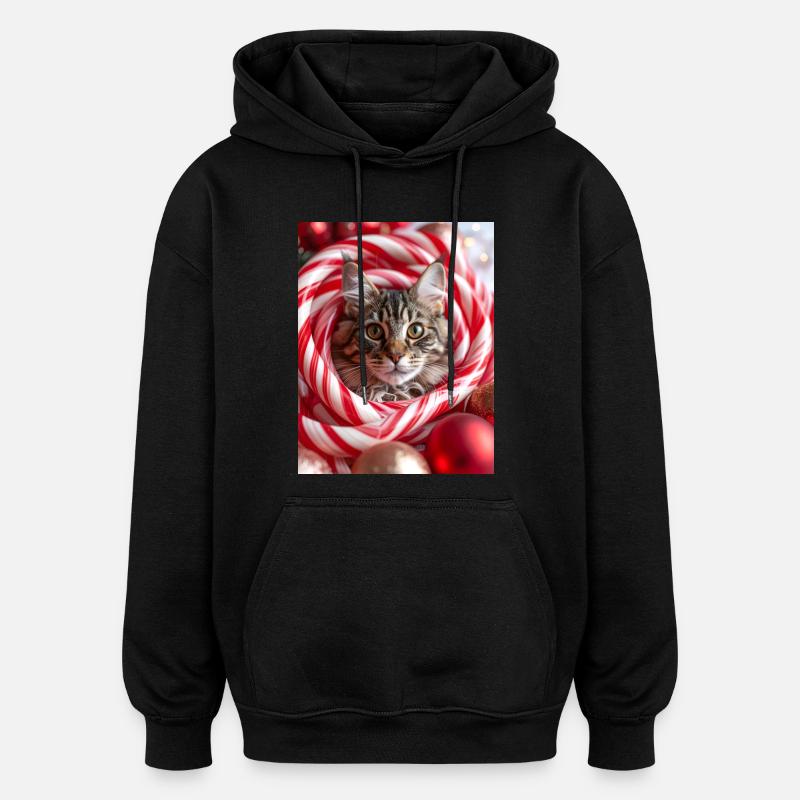 Christmas cat between candy sticks - Oversized Unisex Hoodie - black