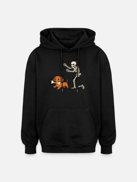 Humor Skeleton Chases Dachshund Dog - Oversized Unisex Hoodie - black