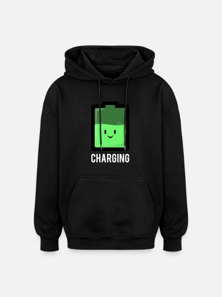 Charging Battery Green Cute Battery Cartoon - Oversized Unisex Hoodie - black
