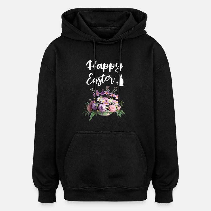Happy Easter Flowers Bouquet - Oversized Unisex Hoodie - black