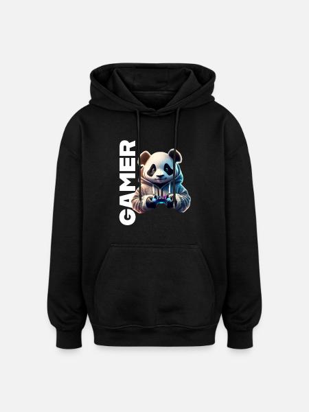 Gamer lettering with cool panda - Oversized Unisex Hoodie - black