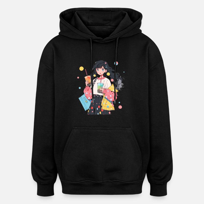Anime et Boba Bubble Tea - Sweat à capuche oversize unisexe - noir