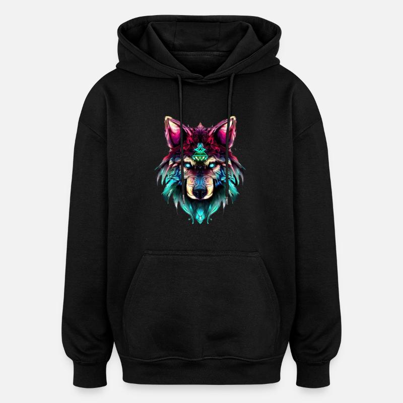 Mystic Wolf Synthwave Wolf Head - Sweat à capuche oversize unisexe - noir