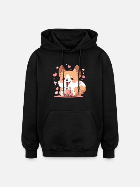 Kawaii Corgi Dog Drinks Boba Bubble Tea Chibi - Oversized Unisex Hoodie - black