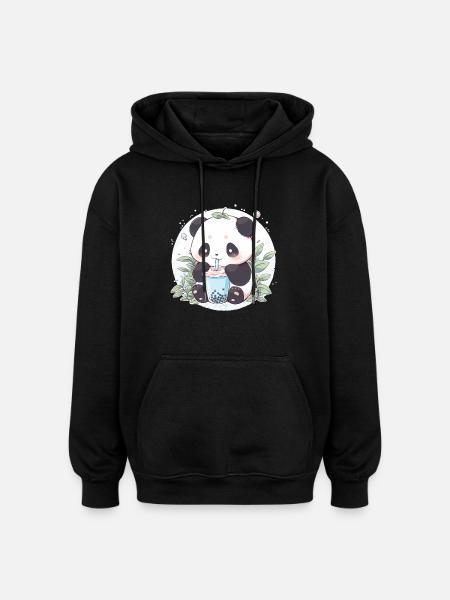 Kawaii Panda Drinks Boba Bubble Tea Chibi - Oversized Unisex Hoodie - black