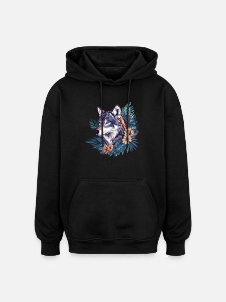 Wild wolf with flowers - Oversized Unisex Hoodie - black