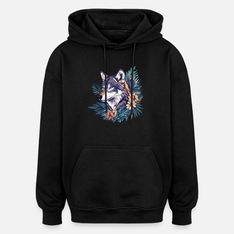 Wilder Wolf mit Blumen - Oversized Unisex Hoodie - Schwarz