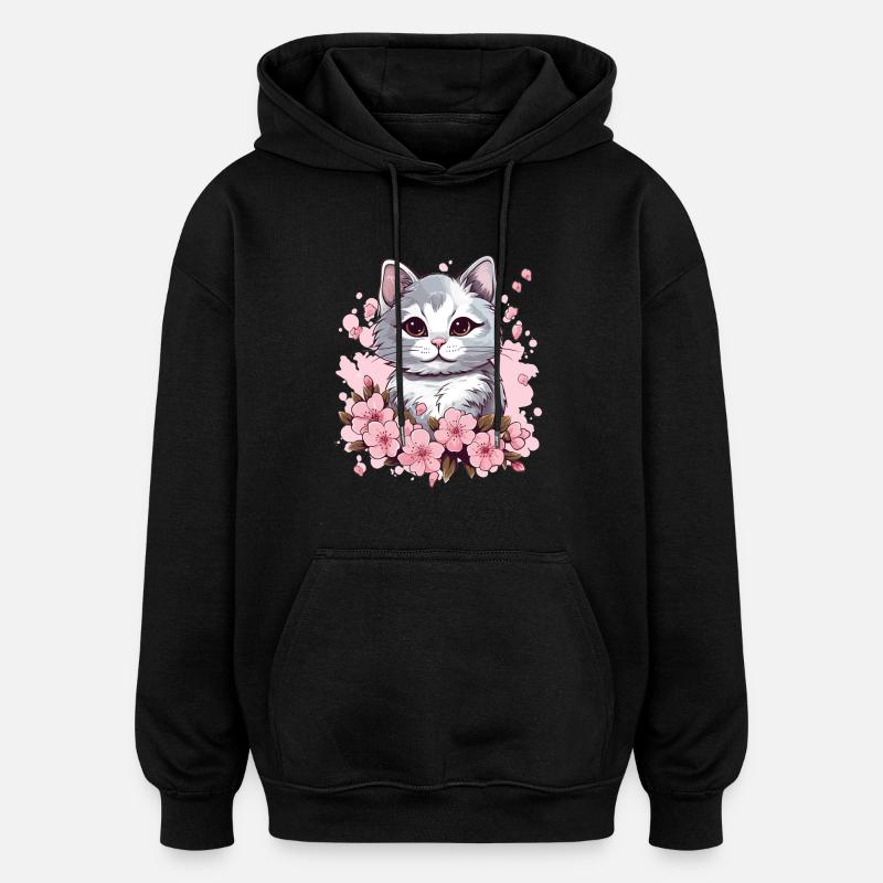 Katze mit Kirschblüten - Oversized Unisex Hoodie - Schwarz