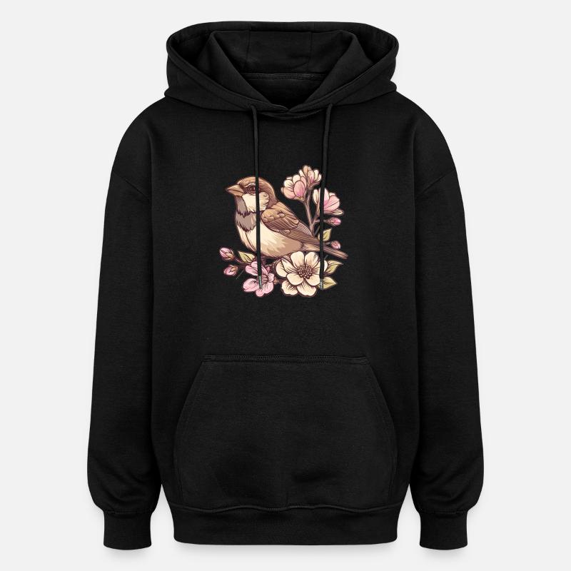 Spatz auf Blütenzweig - Oversized Unisex Hoodie - Schwarz