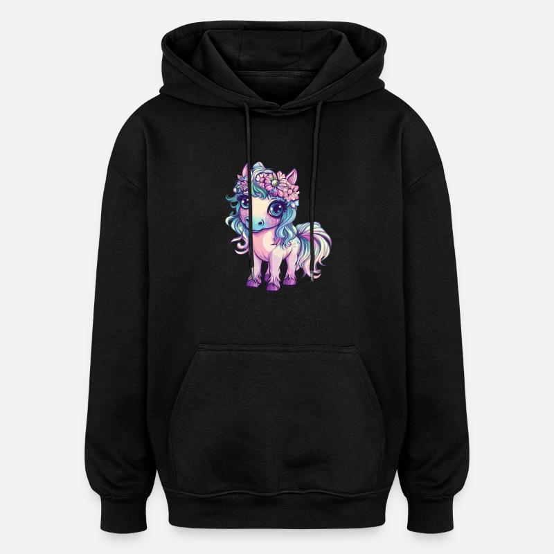 Regenbogenpony mit Blumen - Oversized Unisex Hoodie - Schwarz