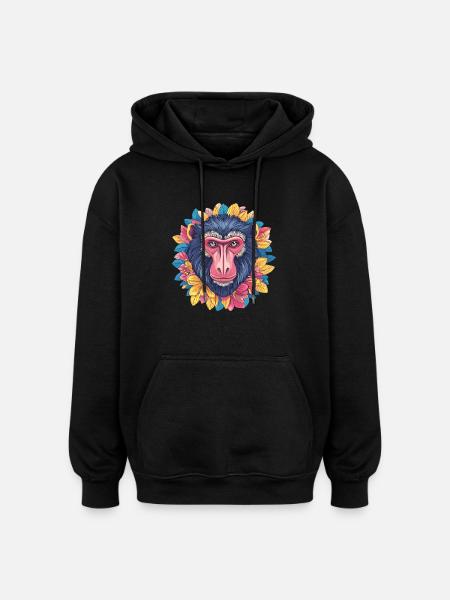 Mandrill with flower wreath - Oversized Unisex Hoodie - black