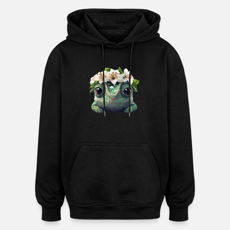 Chameleon with flower wreath - Oversized Unisex Hoodie - black