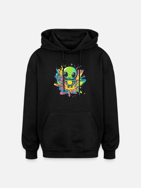 Bunter Alien auf Farbspritzer - Oversized Unisex Hoodie - Schwarz